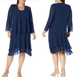 NWT SLNY Navy blue beaded formal jacket dress 2 piece set 18 midi tea length